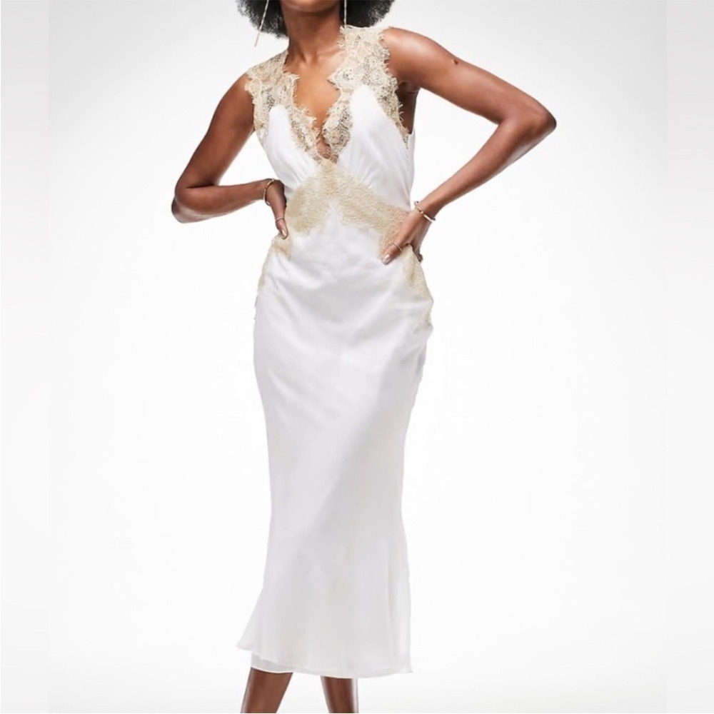 NWT ASOS DESIGN‎ Soft Slip Midi Dress Contrast Lace Tie Back Detail White Cream